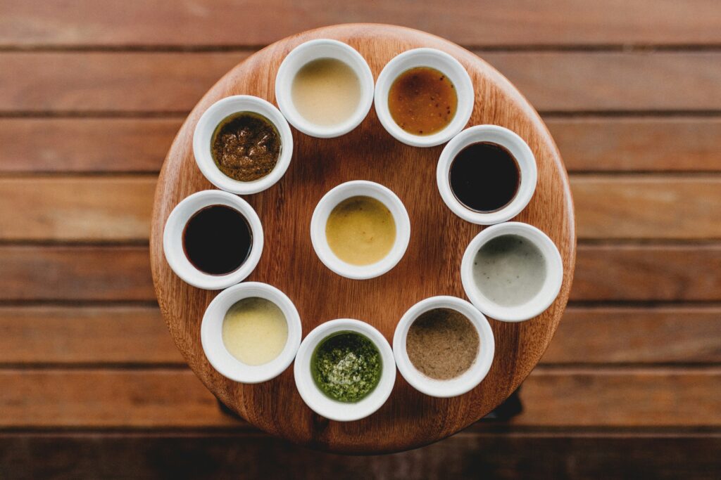A tray of different dipping sauces.