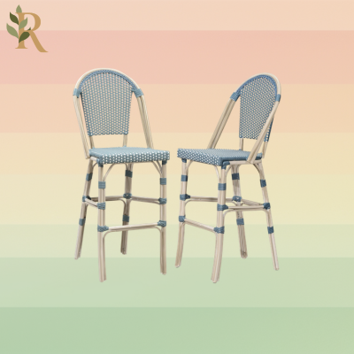 Blue and white rattan bar stools.