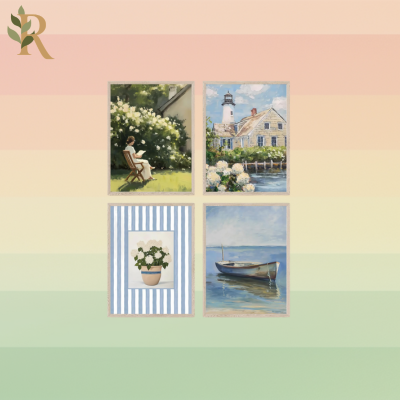 Four art prints of summer scenes.