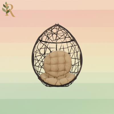 A hanging tear-drop shaped chair with a tan cushion.