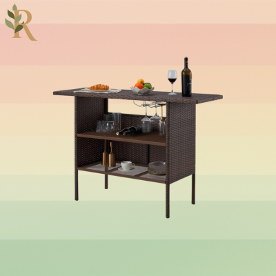 A dark brown bar table with shelves for glass storage.