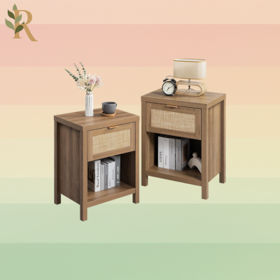 Two light brown nightstands with a rattan-front drawer and shelf.