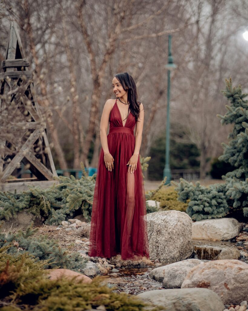 woman in crimson dress