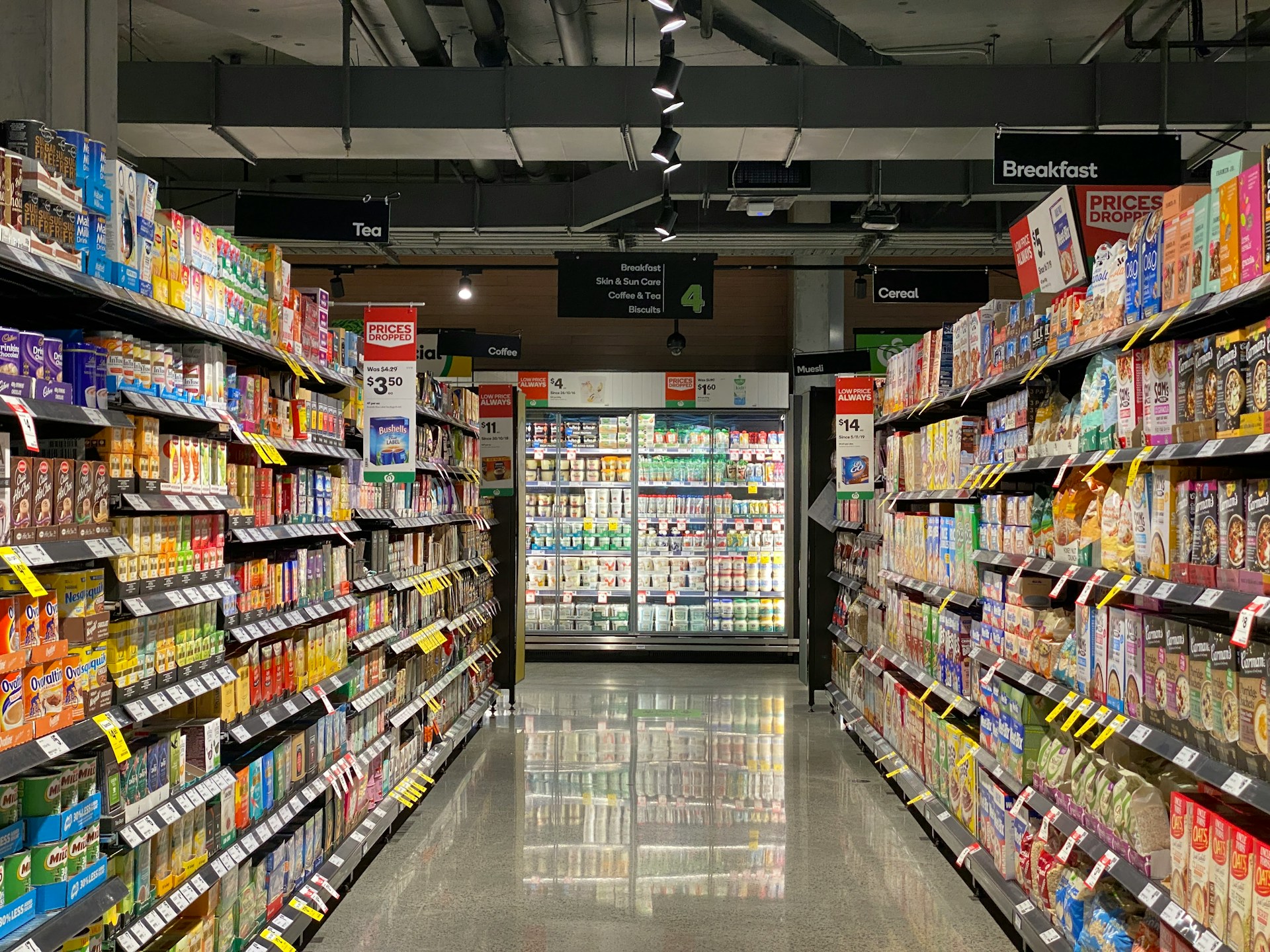 An aisle in a grocery store.