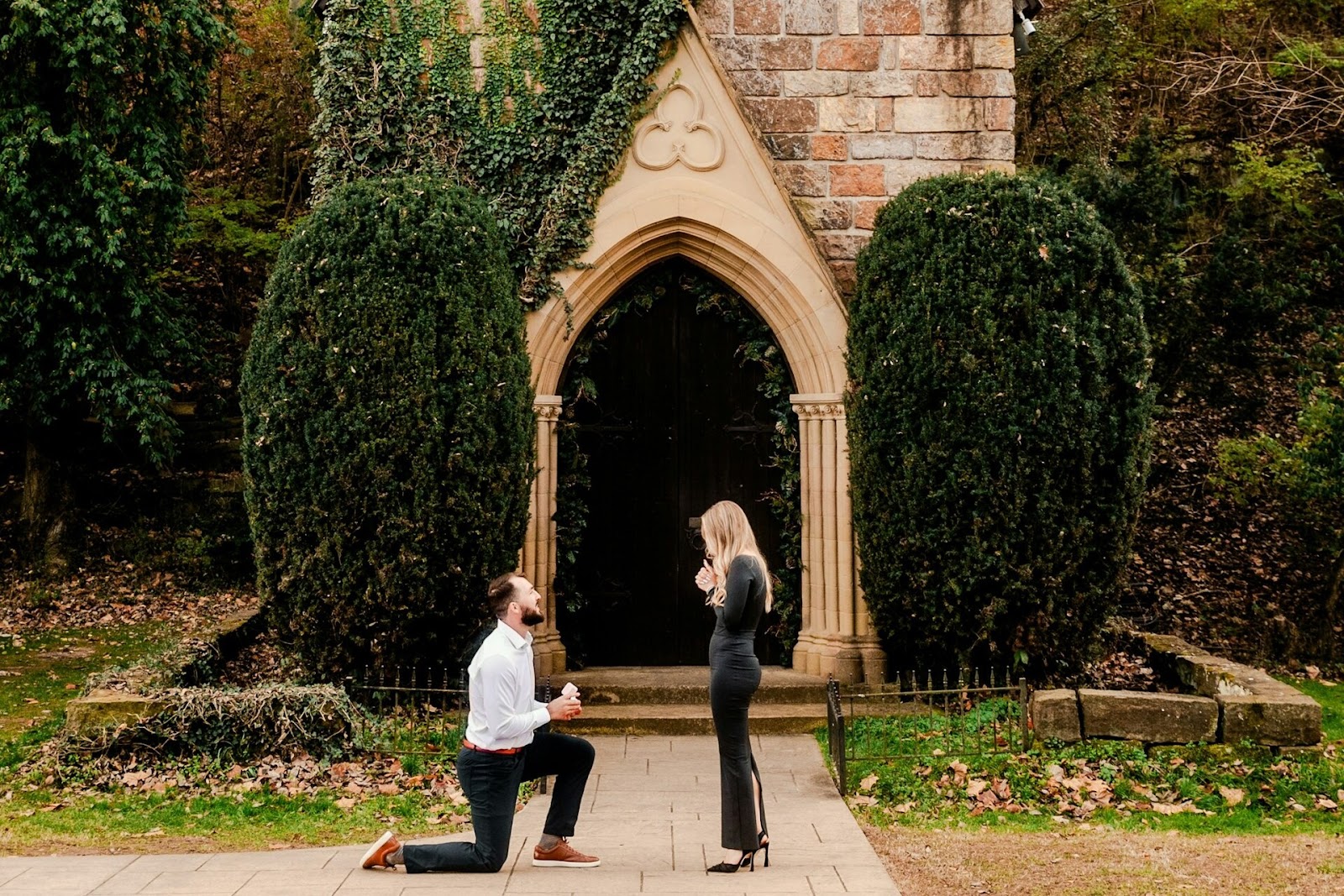 engagement photos in front of a church