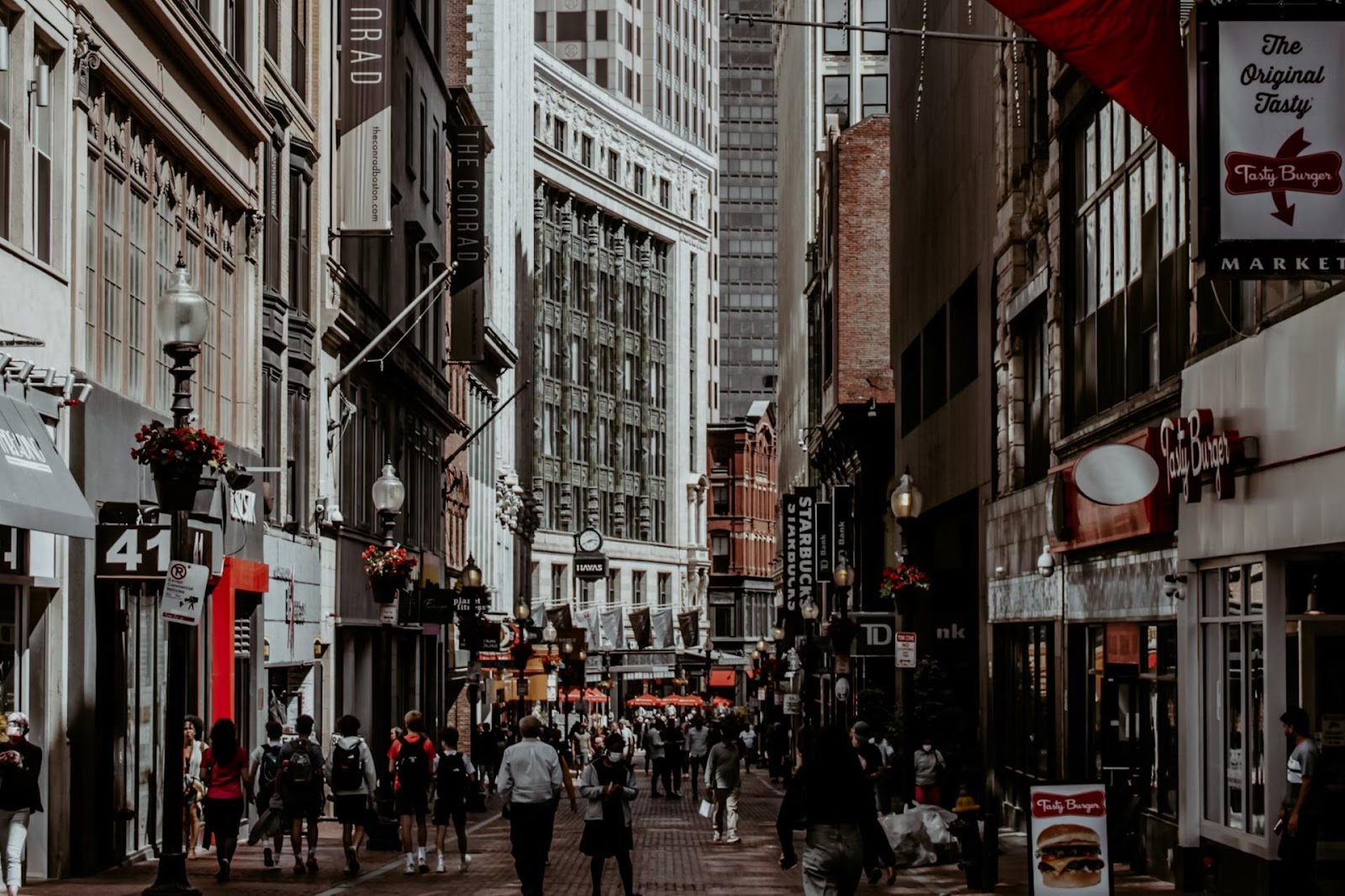 Boston street full of people walking