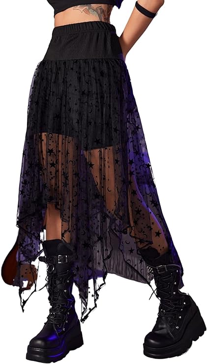 A black asymmetrical see-through skirt covered in stars and crescent moons.