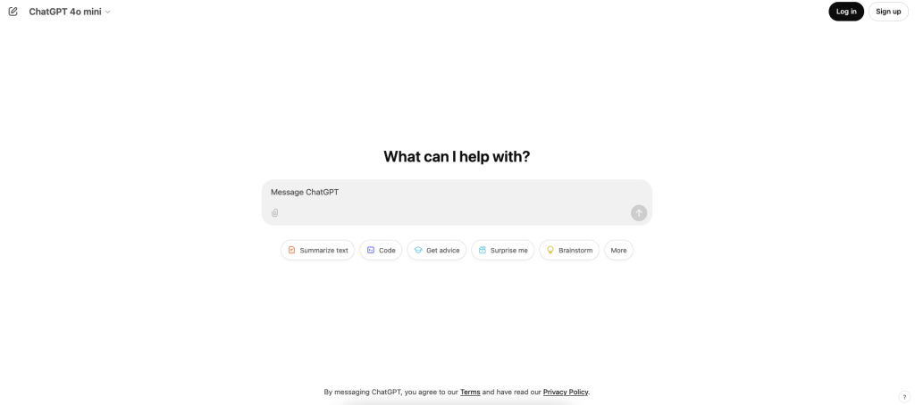 The homepage of ChatGPT waits for wedding-related queries. It's a search box underneath log-in and sign-up buttons.