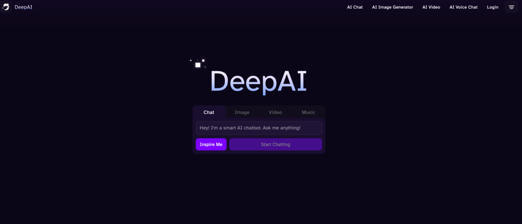 The DeepAI homepage waits for queries. It's a chat search box with tabs for images, videos and music queries. The homepage is dark purple and the search box buttons are light purple.