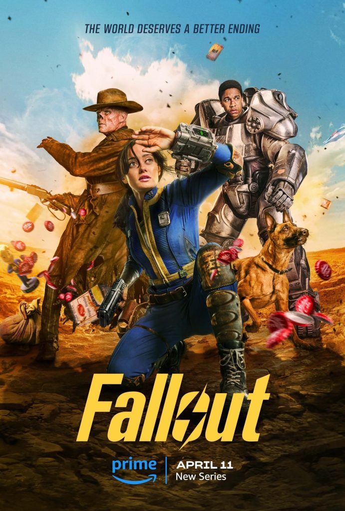 The three main characters of Fallout stand on a barren field devastated by a nuclear blast.
