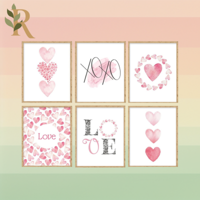 A collection of pink, framed Valentine's Day home decor art sits against the Revivalist striped background.
