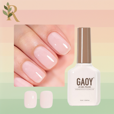 A nearly white bottle of GAOY nail polish sits against the Revivalist branded background of pink, orange, yellow and green stripes. Two acrylic nails showing the shade sit underneath a picture of someone's nails painted and dried in the GAOY soap nails polish shade.