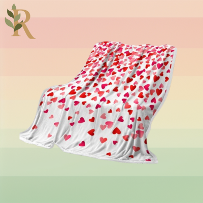 A white fuzzy throw blanket covered in pink and red hearts sits against the Revivalist striped background.