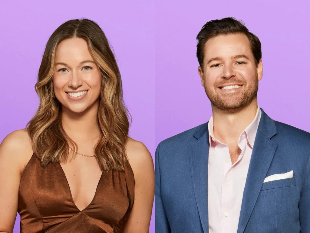 Lauren O'Brien and David Bettenburg from "Love Is Blind" season eight stand against a purple background in individual headshot photos. She wears a brown dress and gold necklace. He wears a blue suit and light pink shirt.