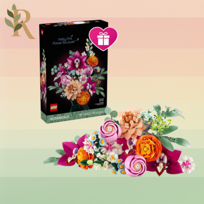 A Lego flower bouquet box sits against the Revivalist striped background. It's one of the Valentine's Day home decor ideas for people who love a fun project.