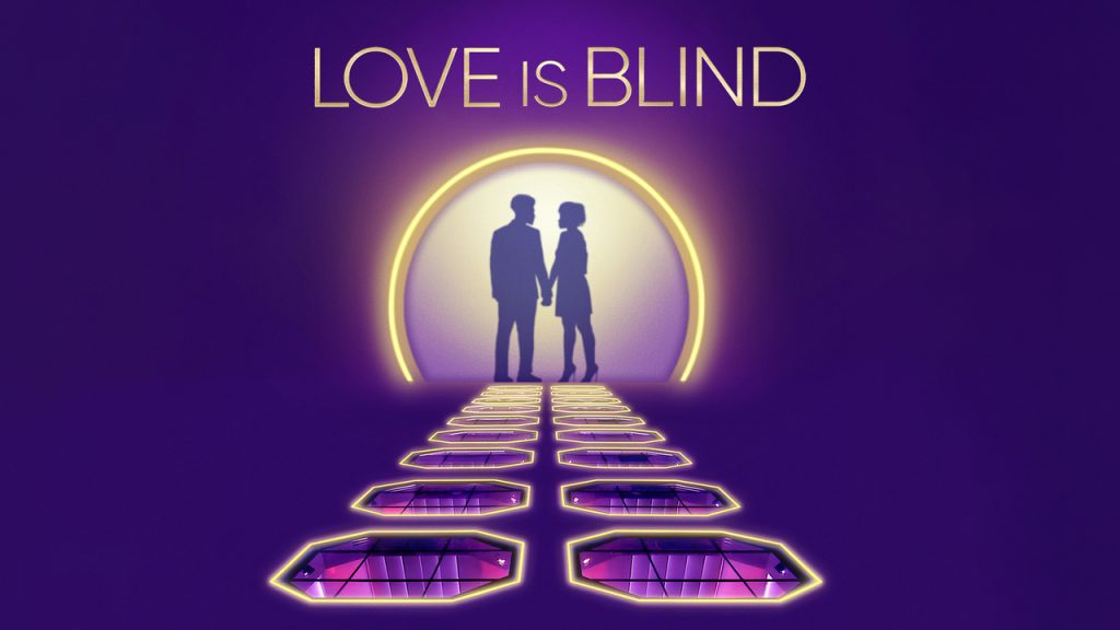 The gold "Love Is Blind" logo appears over the golden outlines of the pods. Two blurred people hold hands behind the reveal doorway. The background is dark purple.