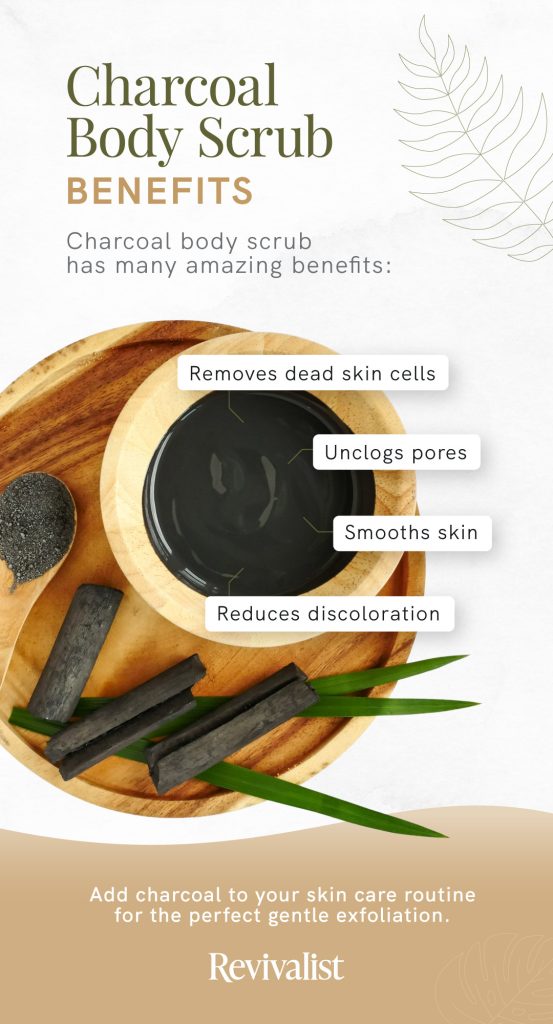 A graphic explains the benefits of charcoal body scrub: removes dead skin cells, unclogs pores, smooths skin and reduces discoloration.
