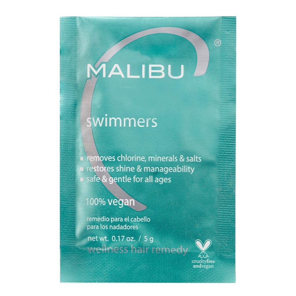 A teal packet of Malibu swimmers hair treatment against a white background.