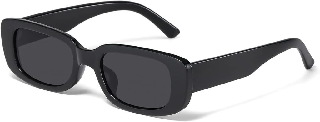 Chunky black sunglasses with thick frames in a 90s rectangular style sit against a white background.