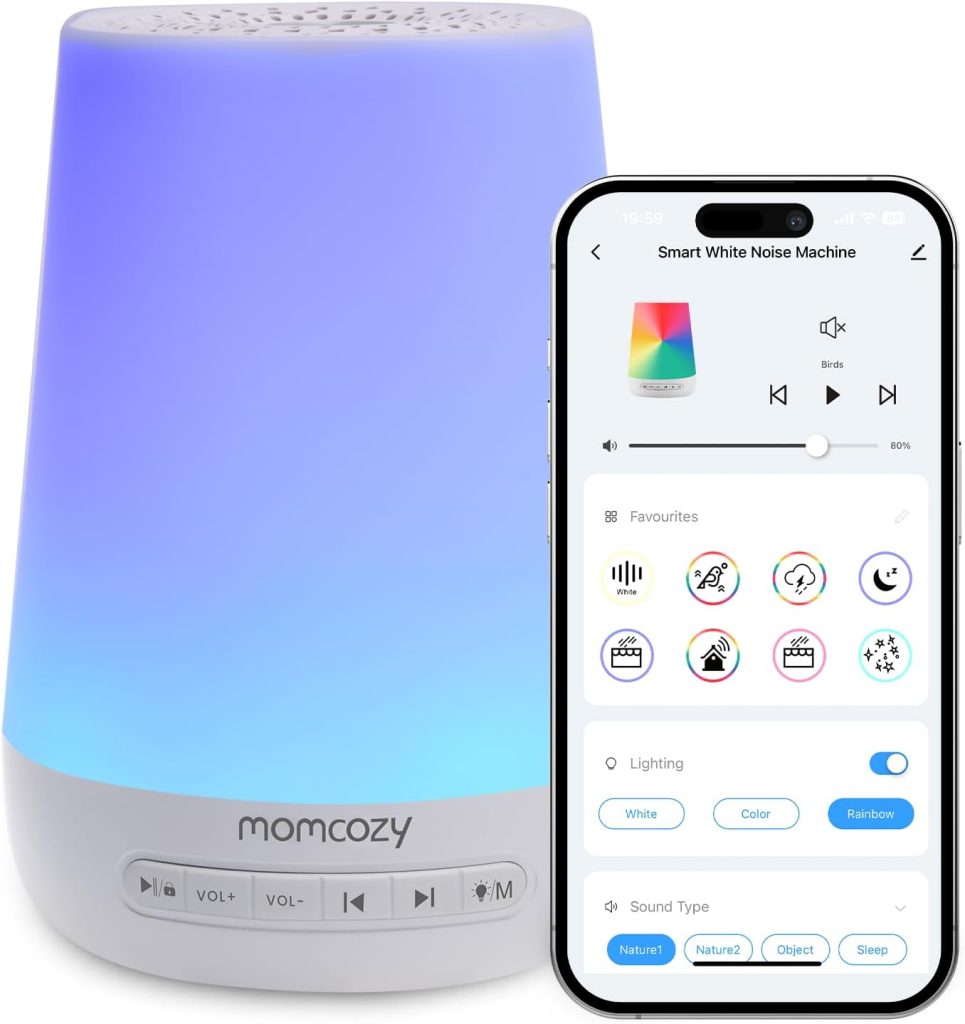 A Momcozy sound machine glowing a soft blue with the smartphone app that controls it displayed on an iPhone.