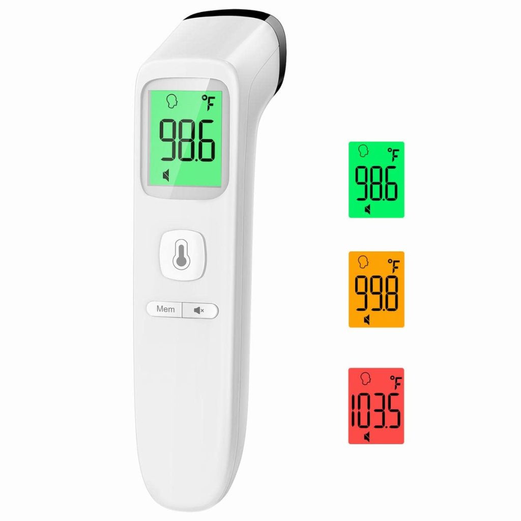 A no-touch thermometer with the green, orange and red results showing for various fever temperature readings.