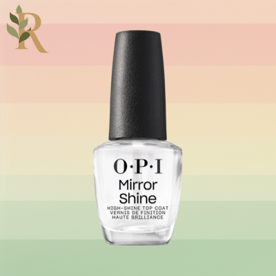 A clear bottle of OPI's mirror shine top coat sits against the Revivalist branded background of pink, orange, yellow and green stripes.