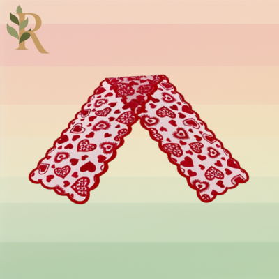 A red see-through table runner covered in red hearts sits against the Revivalist striped background.