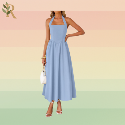 A woman wearing a cute halter midi dress