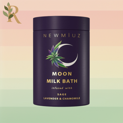 A purple rounded jar of New Miuz Moon Milk Bath powder sits against the Revivalist branded background.