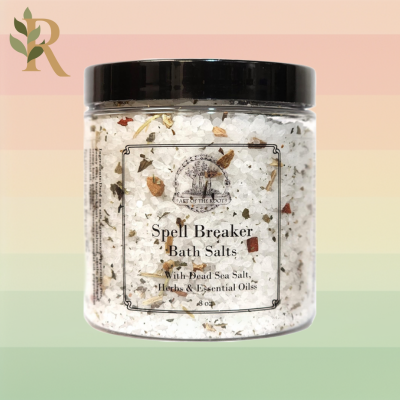 A clear jar of Spell Breaker Bath Salts for cleansing baths sits against the Revivalist branded background.