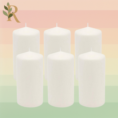 A set of six white large candles sits against the Revivalist branded background.