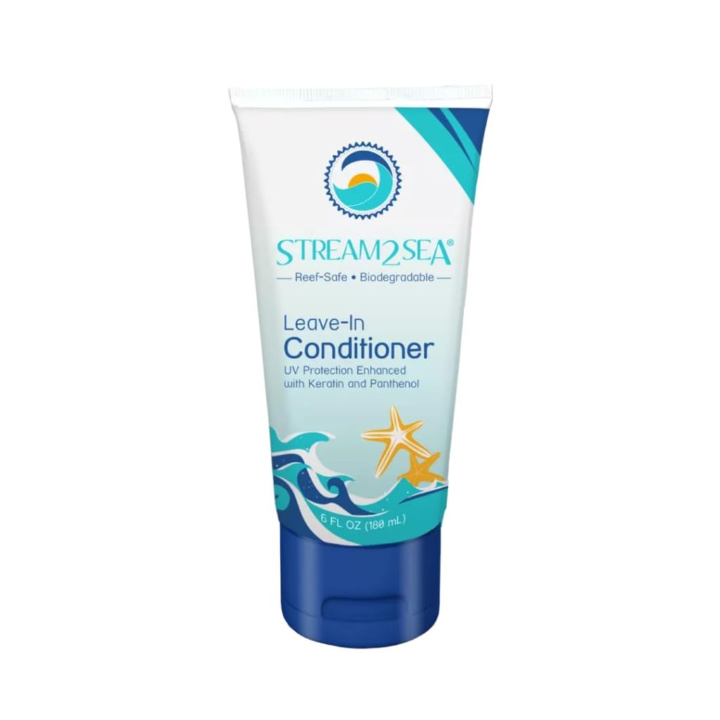 A bottle of Stream2Sea leave-in conditioner against a white background.