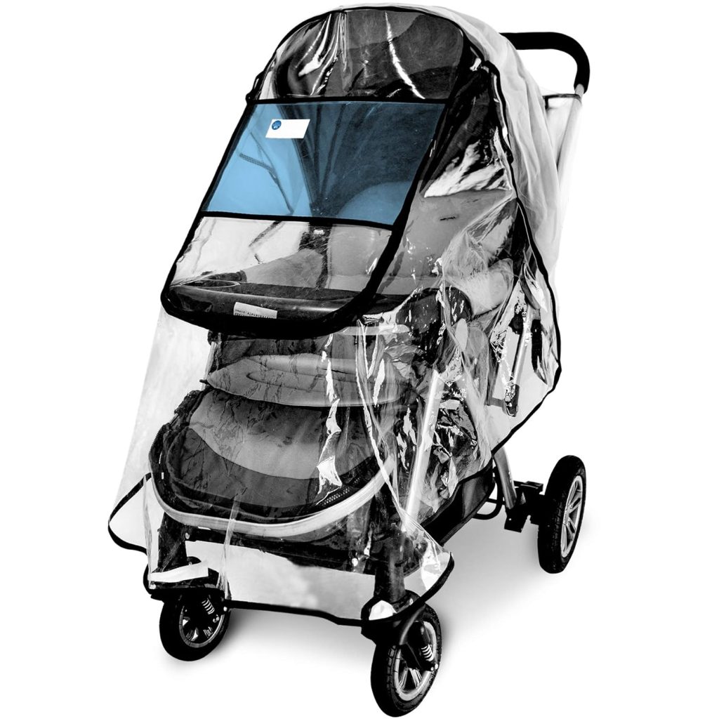 A large single-baby stroller covered in a clear, plastic cover.
