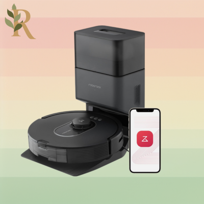 A Roborock Q5 Max+ vacuum sits against the Revivalist striped background next to an iPhone showing the white loading screen for the Roborock app. It's one of the best robot vacuums available. The background contains pastel stripes fading from light peach on top to light green on bottom. The Revivalist logo sits in the top left corner. It's an R with a green leafy branch growing up around and through the spine of the letter.