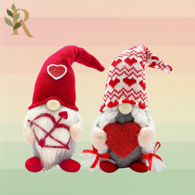 Two gnomes wearing Valentine's Day hats and holding hearts or Cupid's arrow sit against the Revivalist striped background.