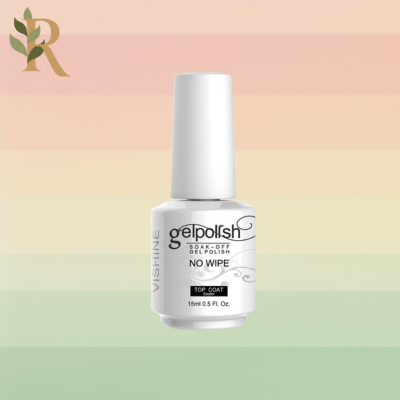 A white bottle of Vishine's top coat for gel nail polish sits against the Revivalist branded background of pink, orange, yellow and green stripes.
