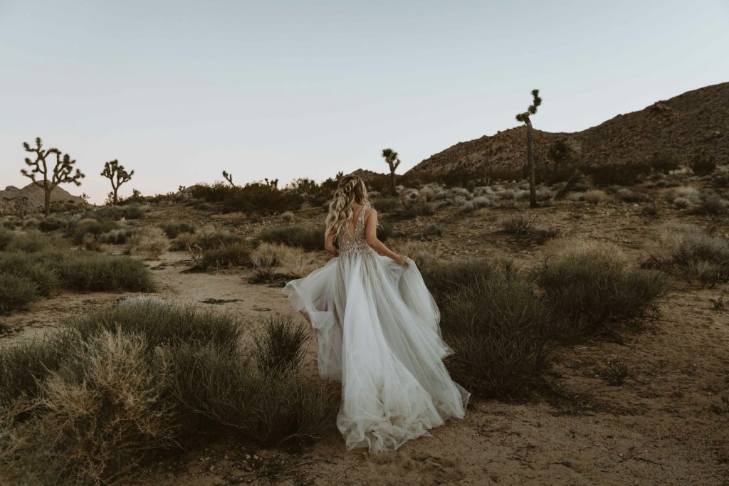 A bride wearing a long gauzy dress runs away from the camera in a desert at sundown, potentially to escape a wedding garter ceremony.