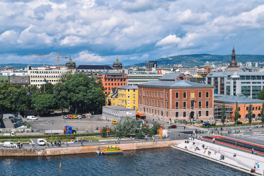 A view of buildings and mountains in Oslo, Norway.