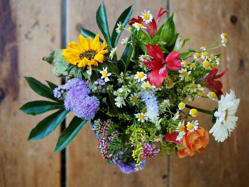 A bouquet of flowers in a vase.