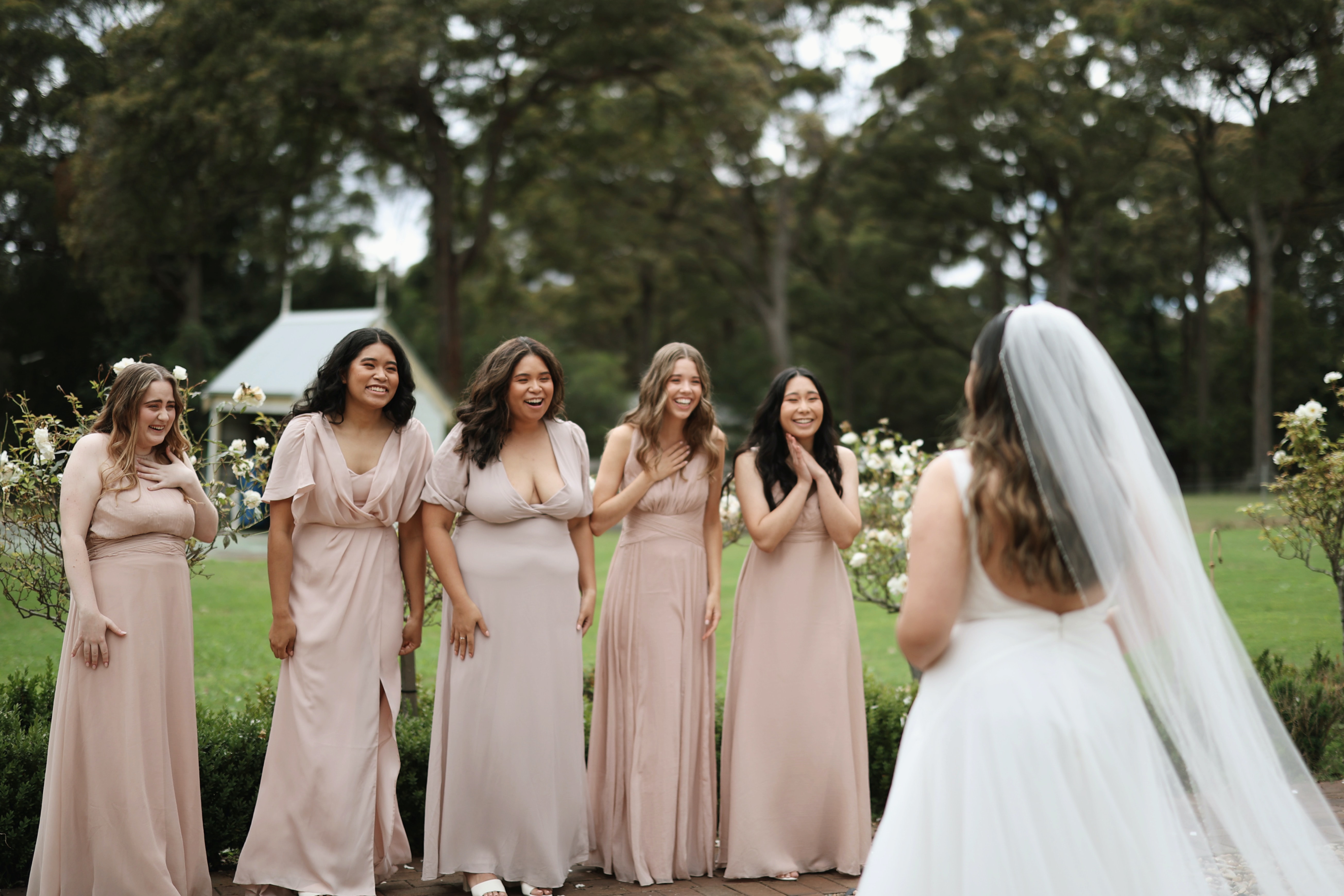 Five bridesmaids smile at the bride.