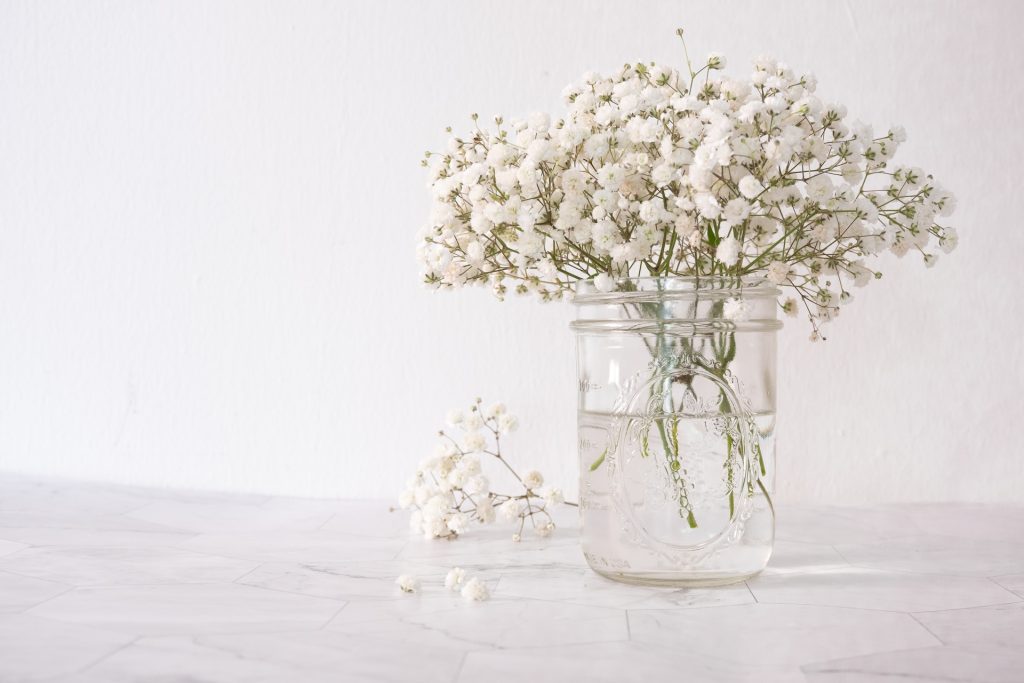 Baby's breath flowers in a mason jar.