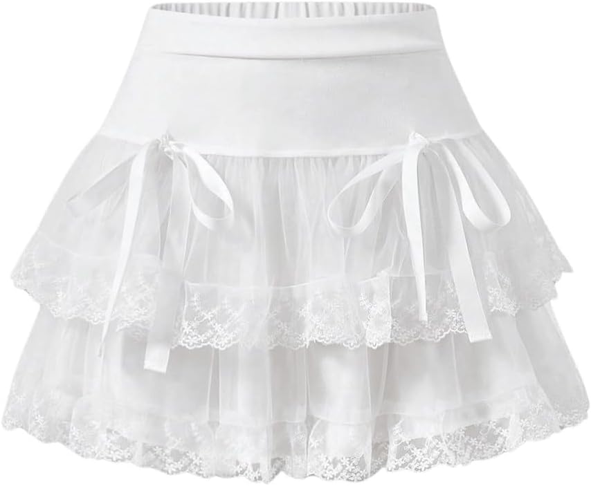 A white mesh, lace skirt with bows.