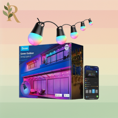 A set of Govee outdoor lights sits against the Revivalist branded background. The string lights hang above an unopened product box and glow pink, blue and yellow. A smartphone sits open to the Govee app beneath them.