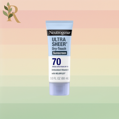 A blue and white bottle of Neutrogena Ultra Sheer sunscreen sits against the Revivalist branded background. It's an essential supply for nature therapy.