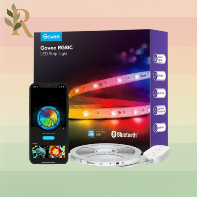 A set of Govee RGBIC lights sits against the Revivalist branded background. They white, coiled up lights sits next to an unopened product box alongside a smart phone open to the Govee app.