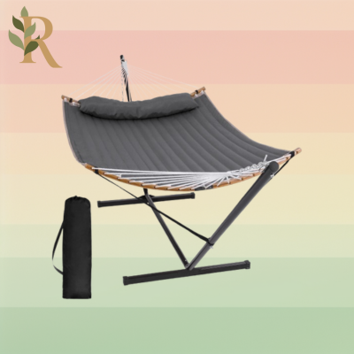 A gray standing hammock sits against the Revivalist branded background.