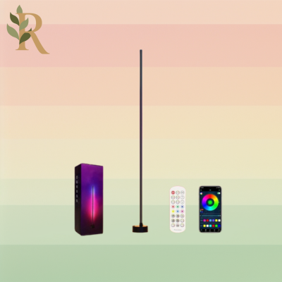 A Govee floor lamp sits against the Revivalist branded background. A smart phone, unopened product box and remote control sit around it.