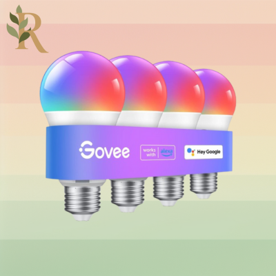 A set of four Govee lights sits against the Revivalist branded background. They glow red, purple, pink, blue and yellow.