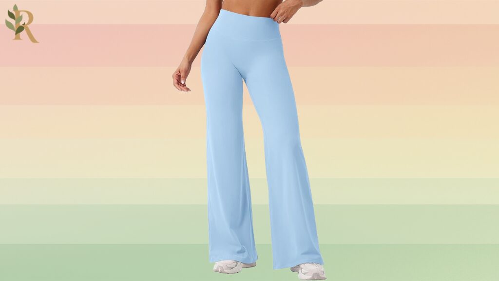 Model wearing light blue wide-leg leggings