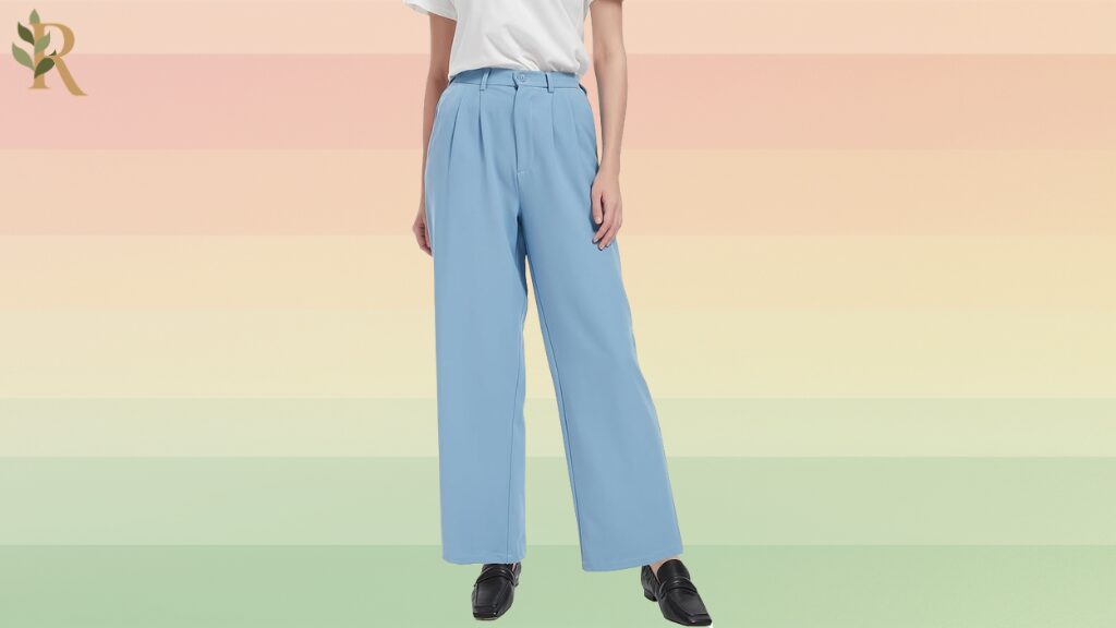 Model wearing light blue trousers